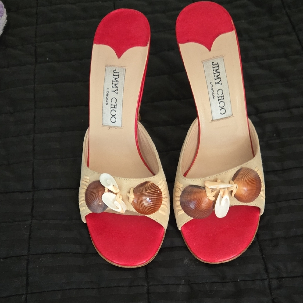 Jimmy Choo Red And Tan Mules With Shell Accents - image 1
